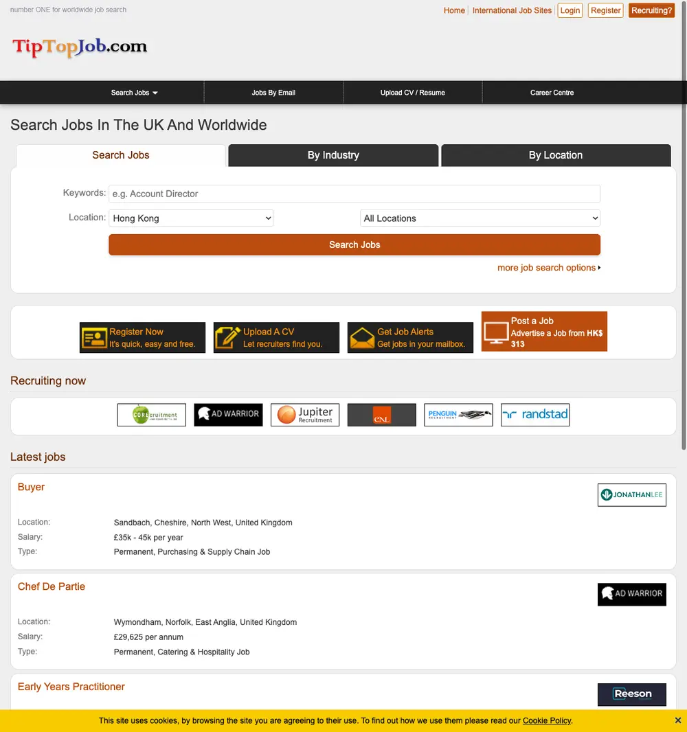 Tip Top Job job board platform screenshot showing job search interface