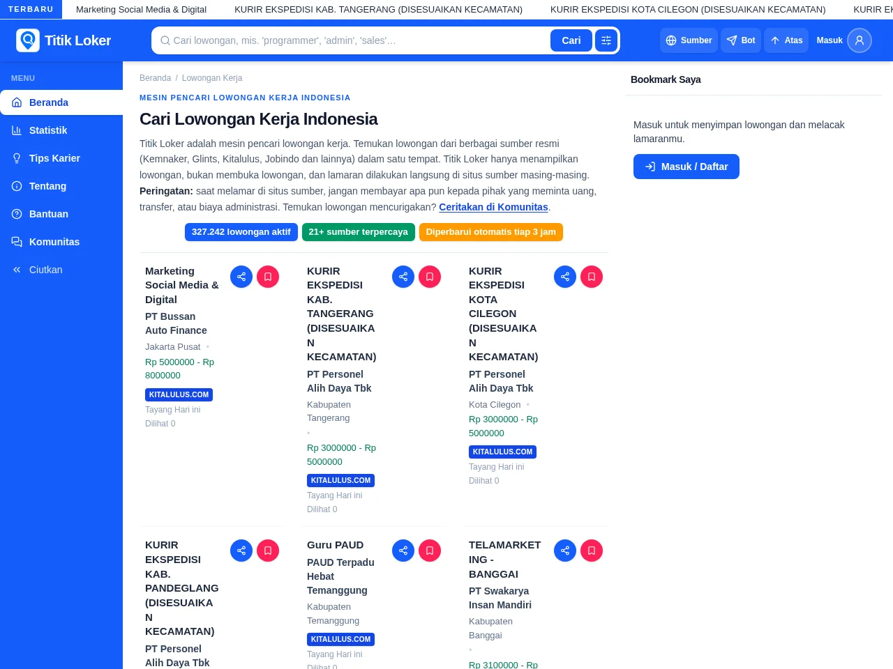 Titik Loker job board platform screenshot showing job search interface