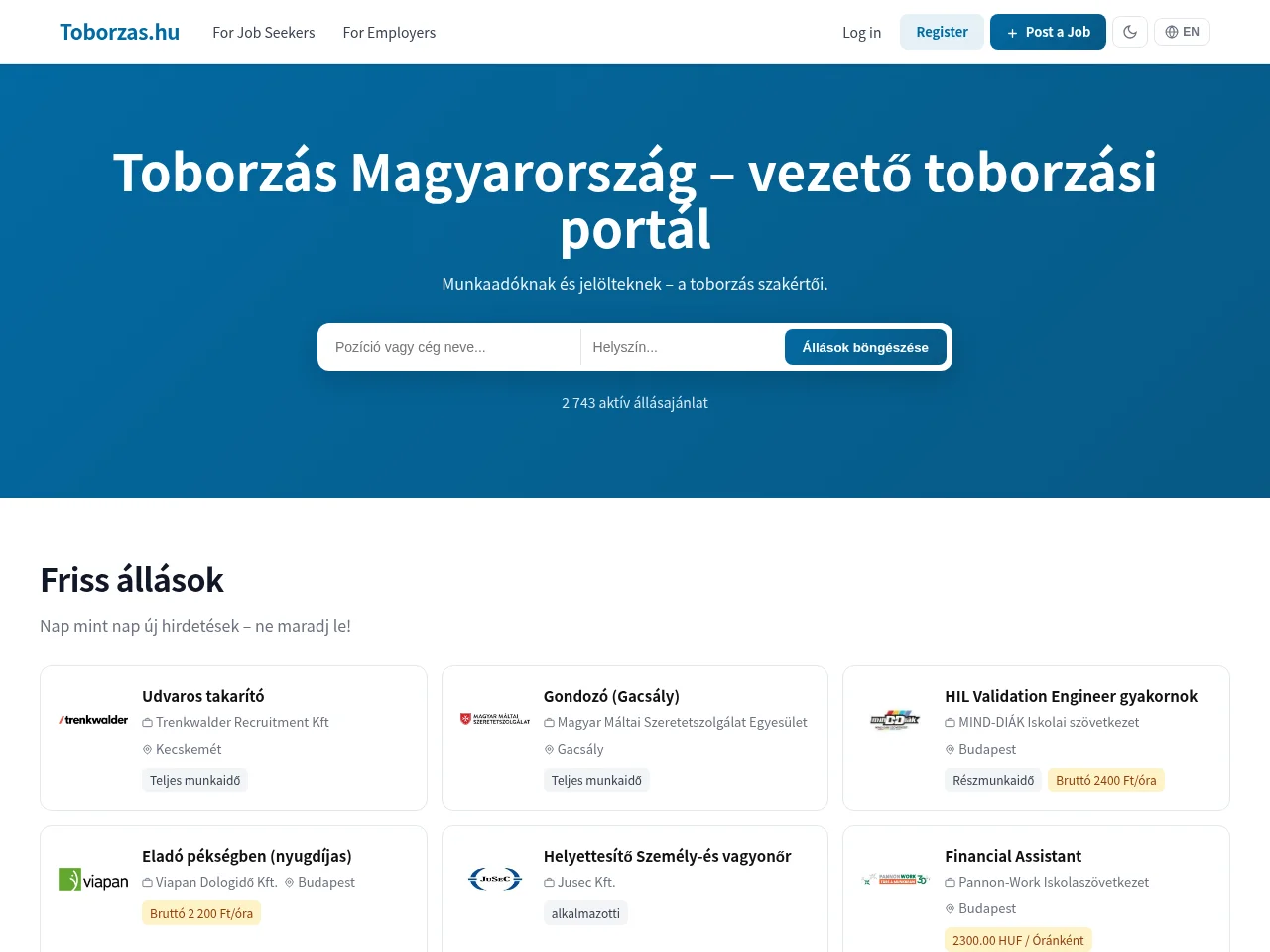 Toborzas.hu job board platform screenshot showing job search interface