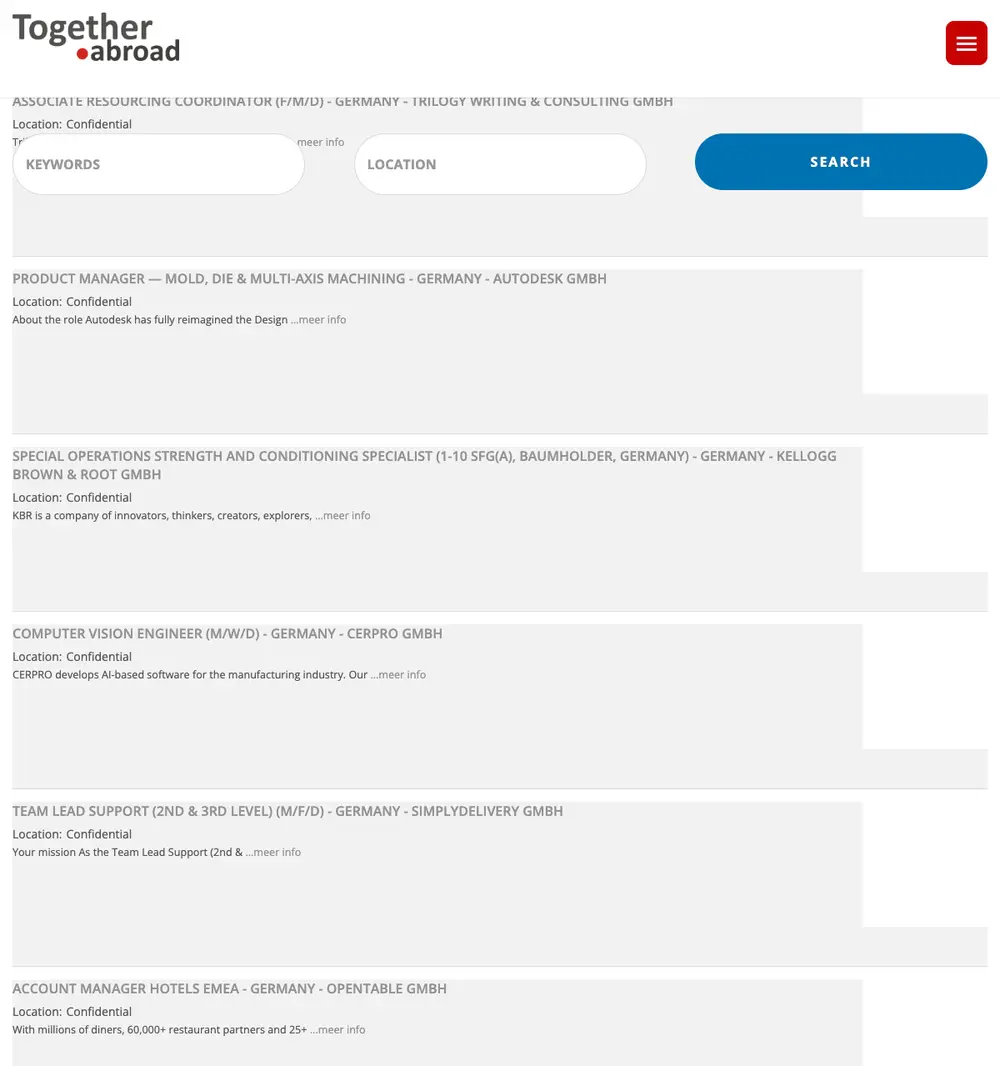 Together Abroad job board platform screenshot showing job search interface