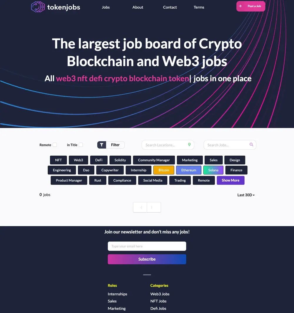 Token Jobs job board platform screenshot showing job search interface