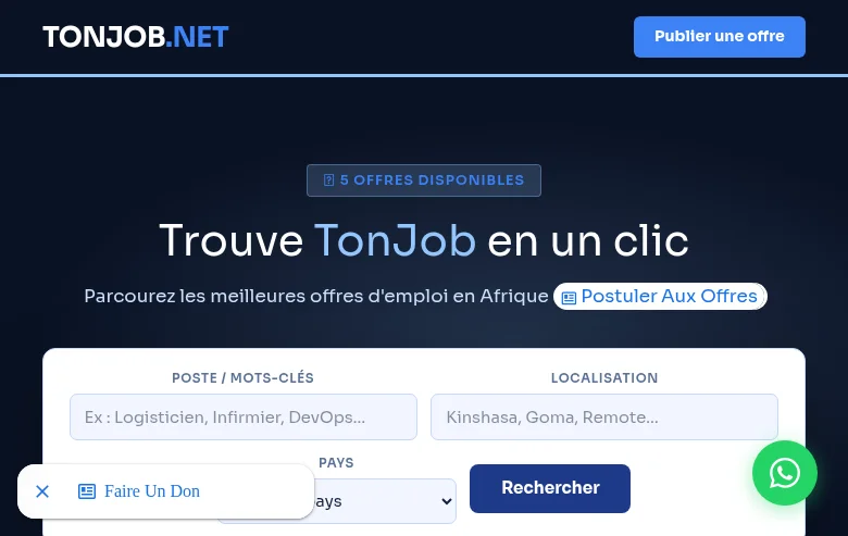 TonJob.net job board platform screenshot showing job search interface