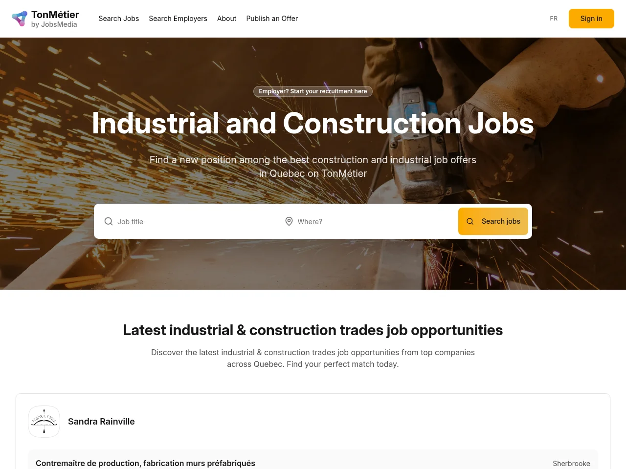 TonMetier.com job board platform screenshot showing job search interface
