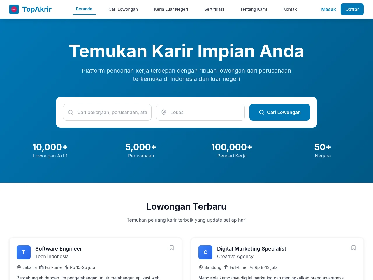 TopAkrir job board platform screenshot showing job search interface