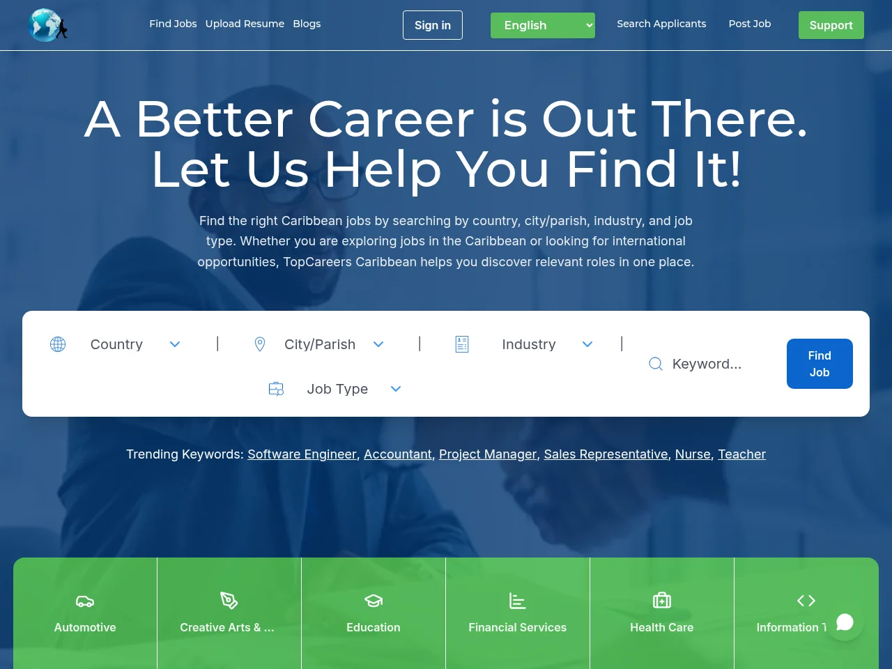 TopCareers Caribbean screenshot TopCareers Caribbean job board platform screenshot showing job search interface