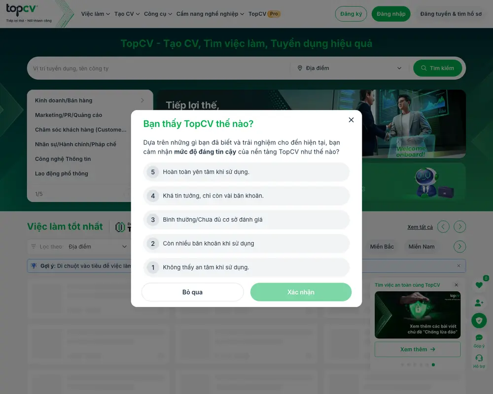 TopCV job board platform screenshot showing job search interface
