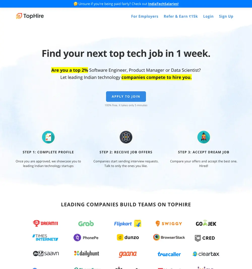 TopHire job board platform screenshot showing job search interface