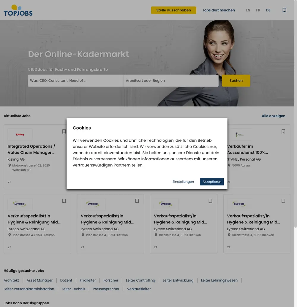 Topjobs.ch screenshot Topjobs.ch job board platform screenshot showing job search interface