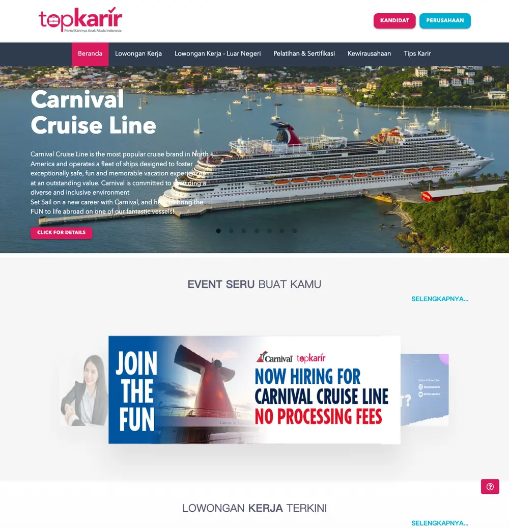 TopKarir.com job board platform screenshot showing job search interface