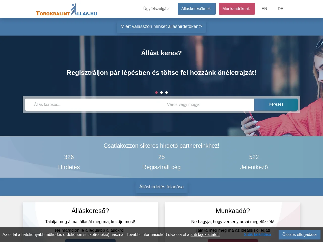 Törökbálint Állás job board platform screenshot showing job search interface