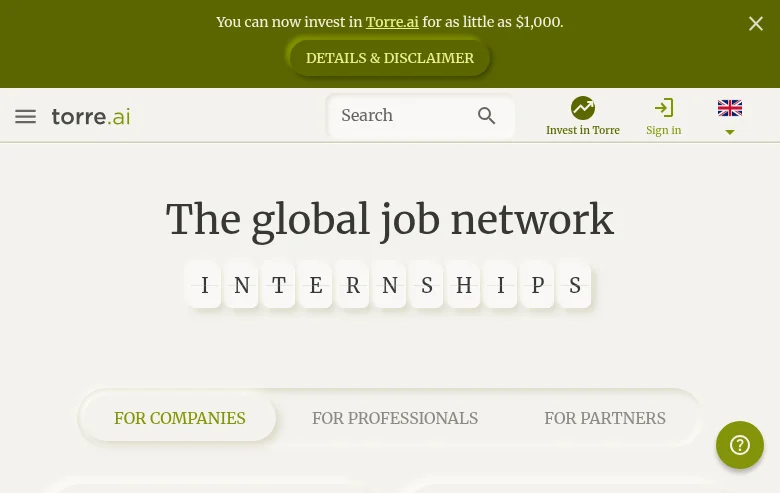 Torre.ai job board platform screenshot showing job search interface