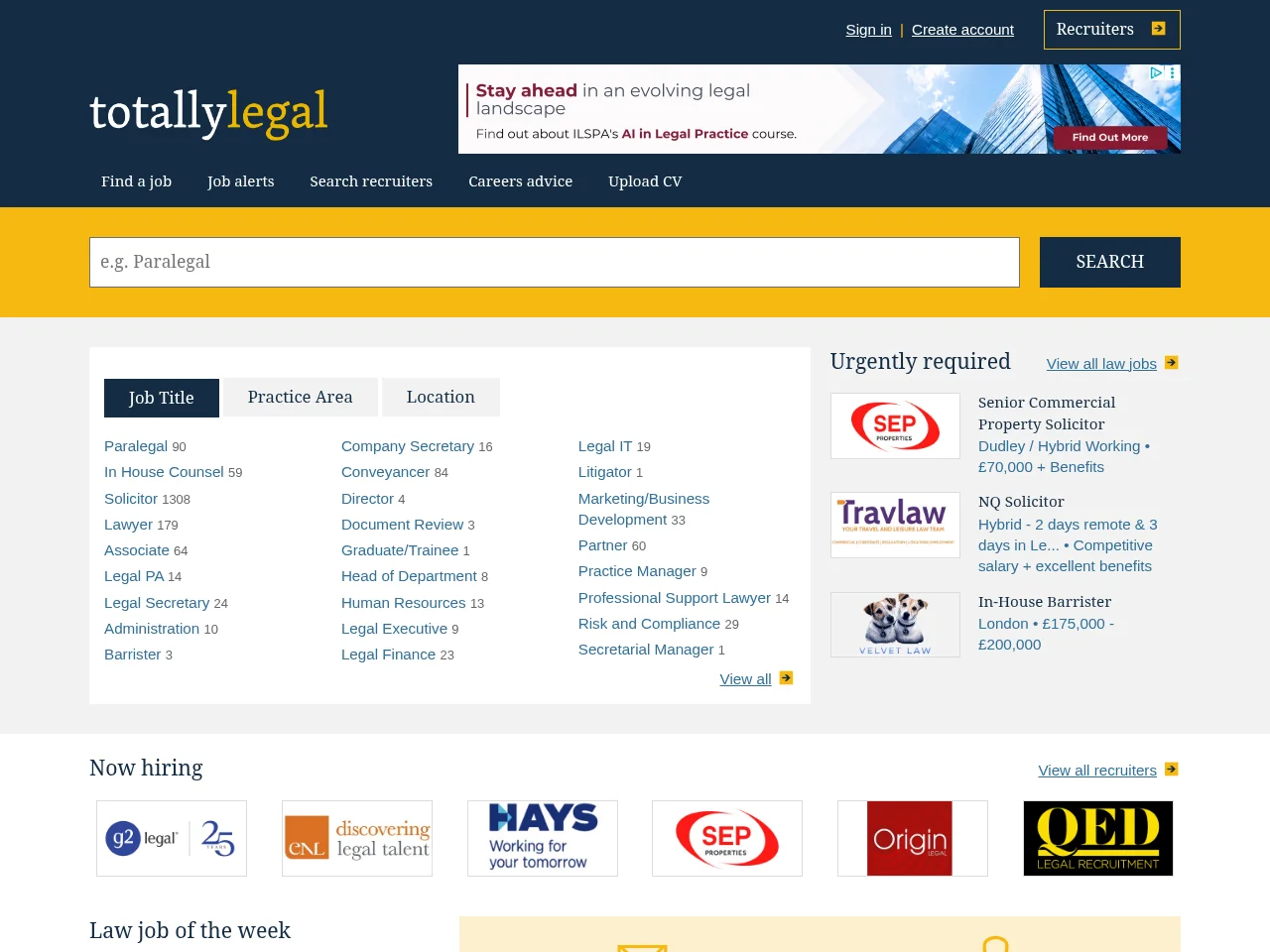TotallyLegal job board platform screenshot showing job search interface