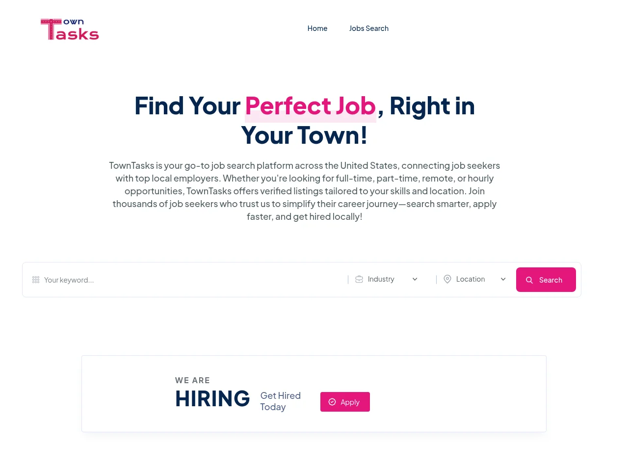 TownTasks job board platform screenshot showing job search interface