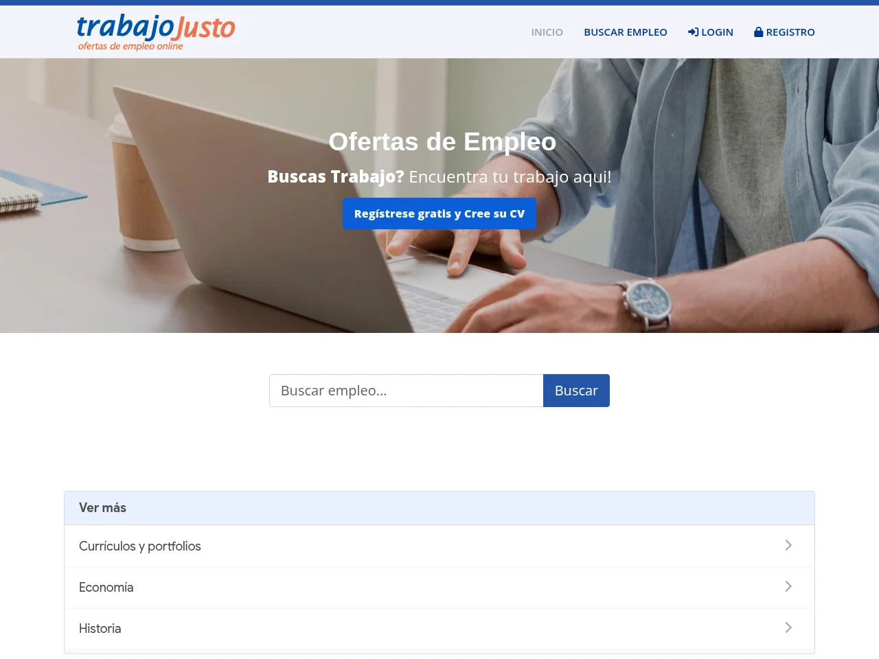 Trabajo Justo job board platform screenshot showing job search interface