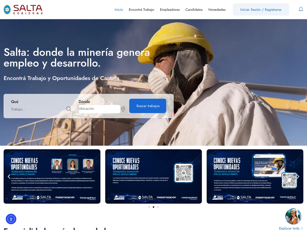 Plataforma digital de oferta y demanda laboral para el sector minero. – Gobierno de la Provincia de Salta job board platform screenshot showing job search interface