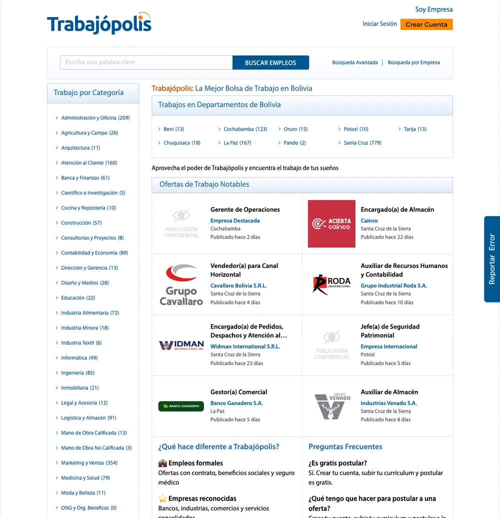 Trabajópolis job board platform screenshot showing job search interface