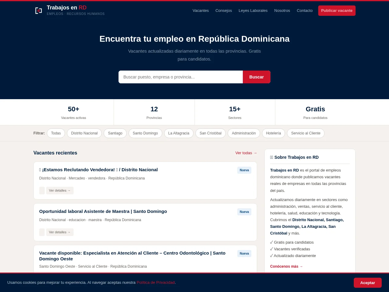 Trabajos en RD job board platform screenshot showing job search interface