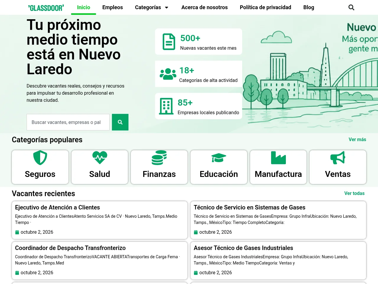 Trabajos de medio tiempo en Nuevo Laredo job board platform screenshot showing job search interface