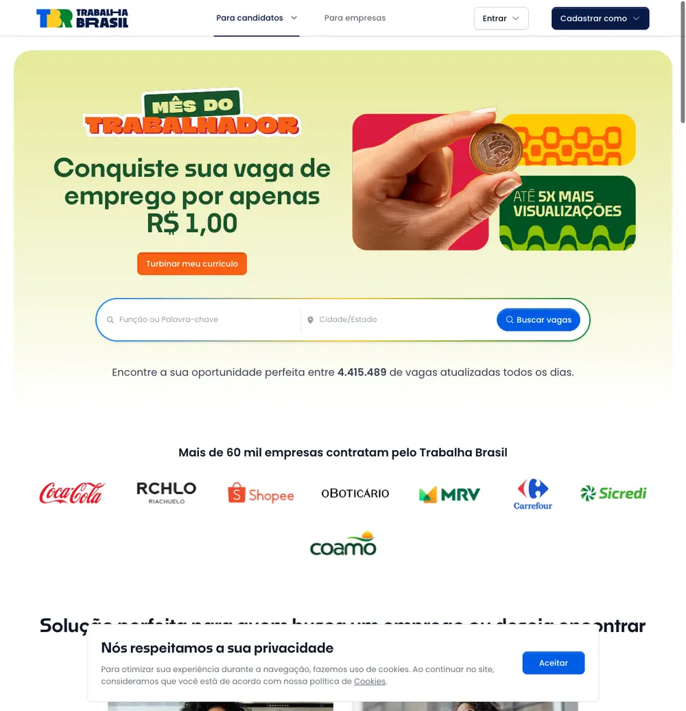 Trabalha Brasil job board platform screenshot showing job search interface