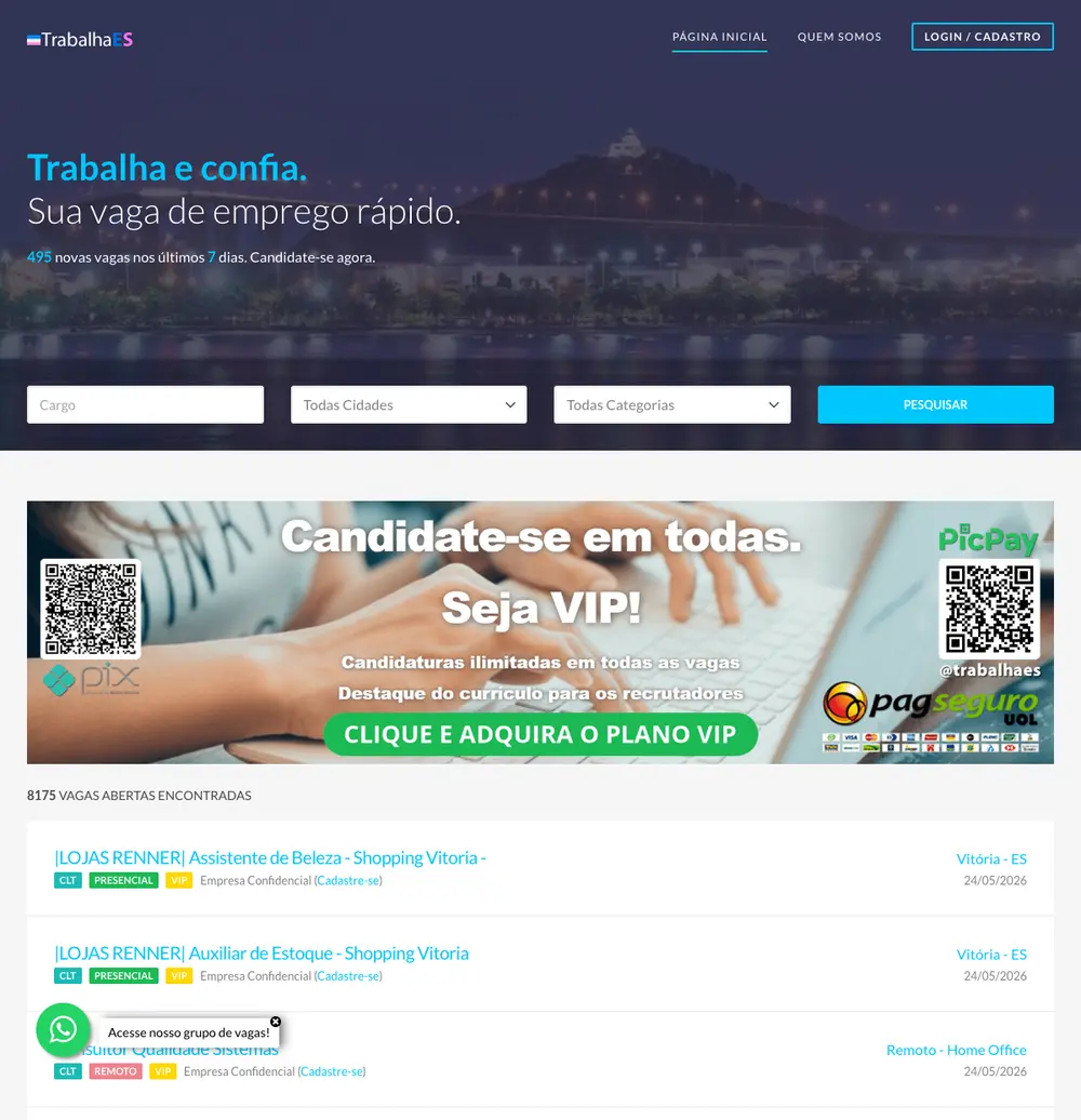 TRABALHA ES job board platform screenshot showing job search interface