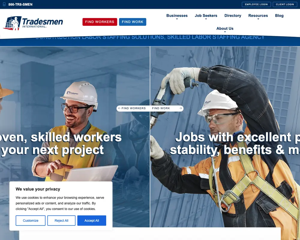 Tradesmen International job board platform screenshot showing job search interface