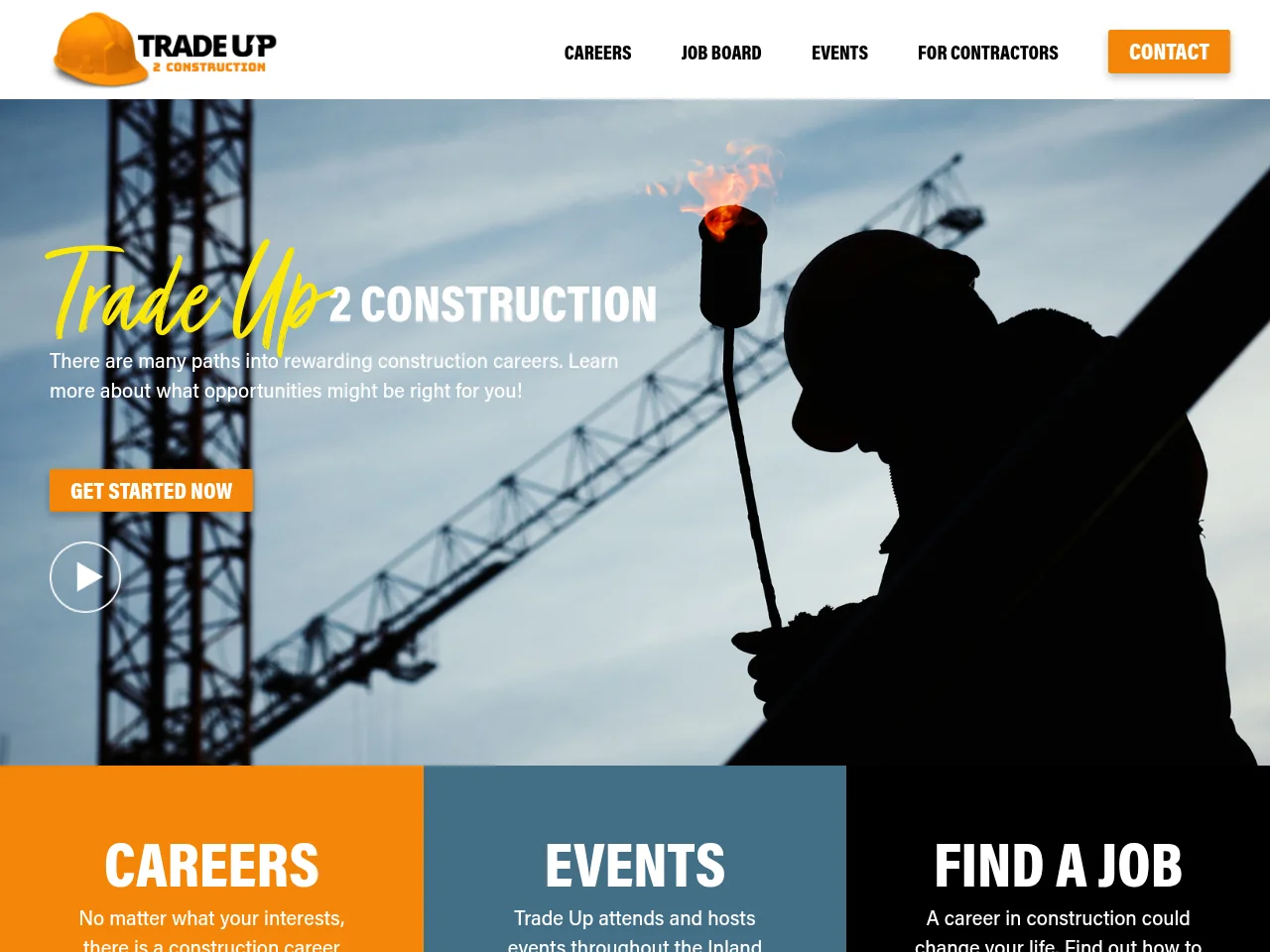 TradeUp2Construction job board platform screenshot showing job search interface