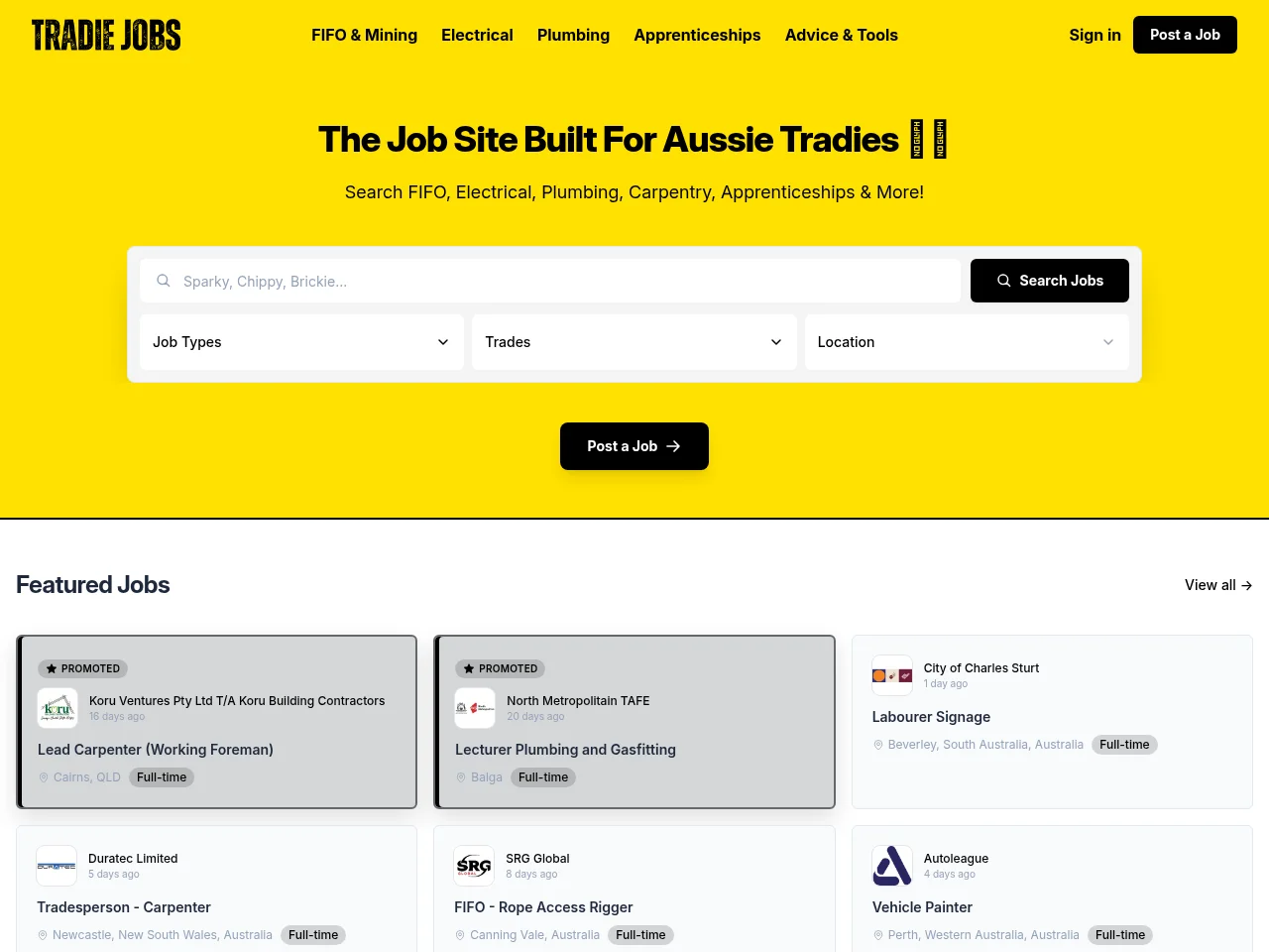 Tradie Jobs Australia job board platform screenshot showing job search interface