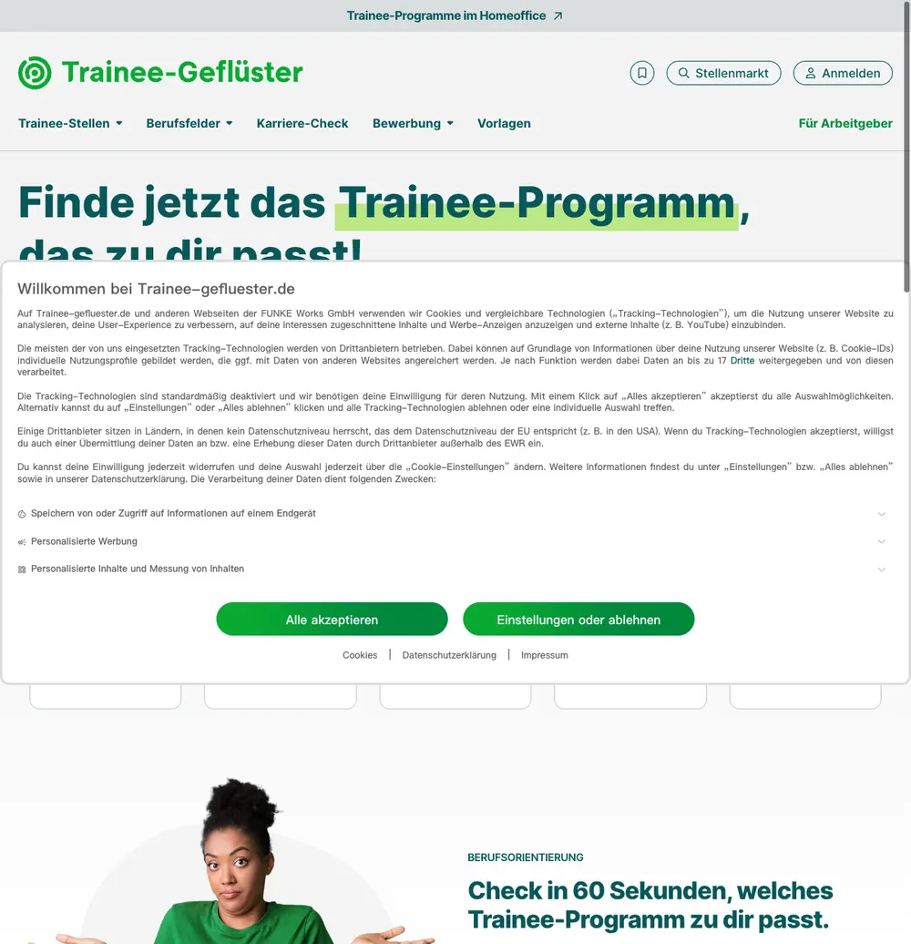 Trainee-Geflüster job board platform screenshot showing job search interface