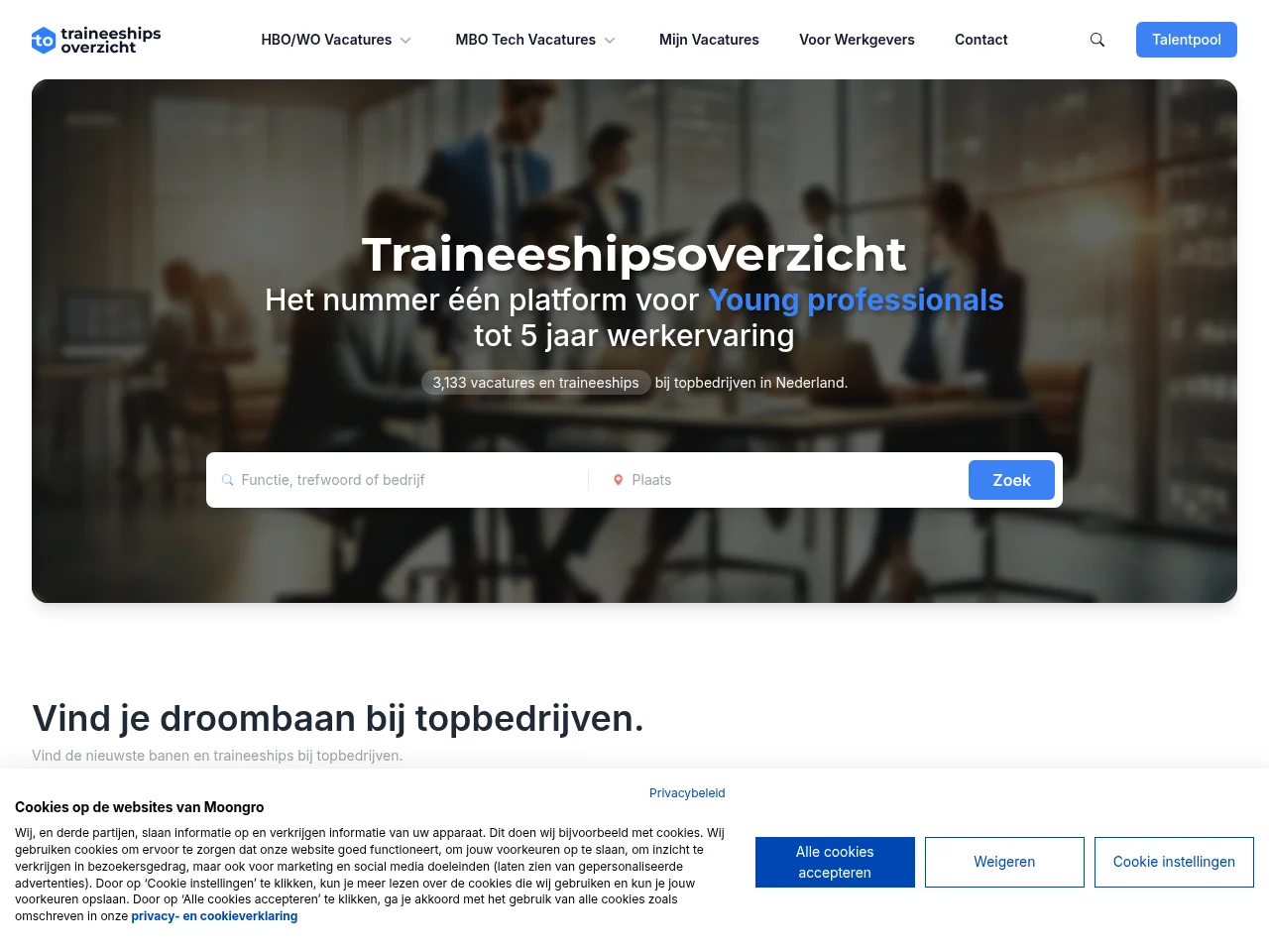 Traineeshipsoverzicht job board platform screenshot showing job search interface