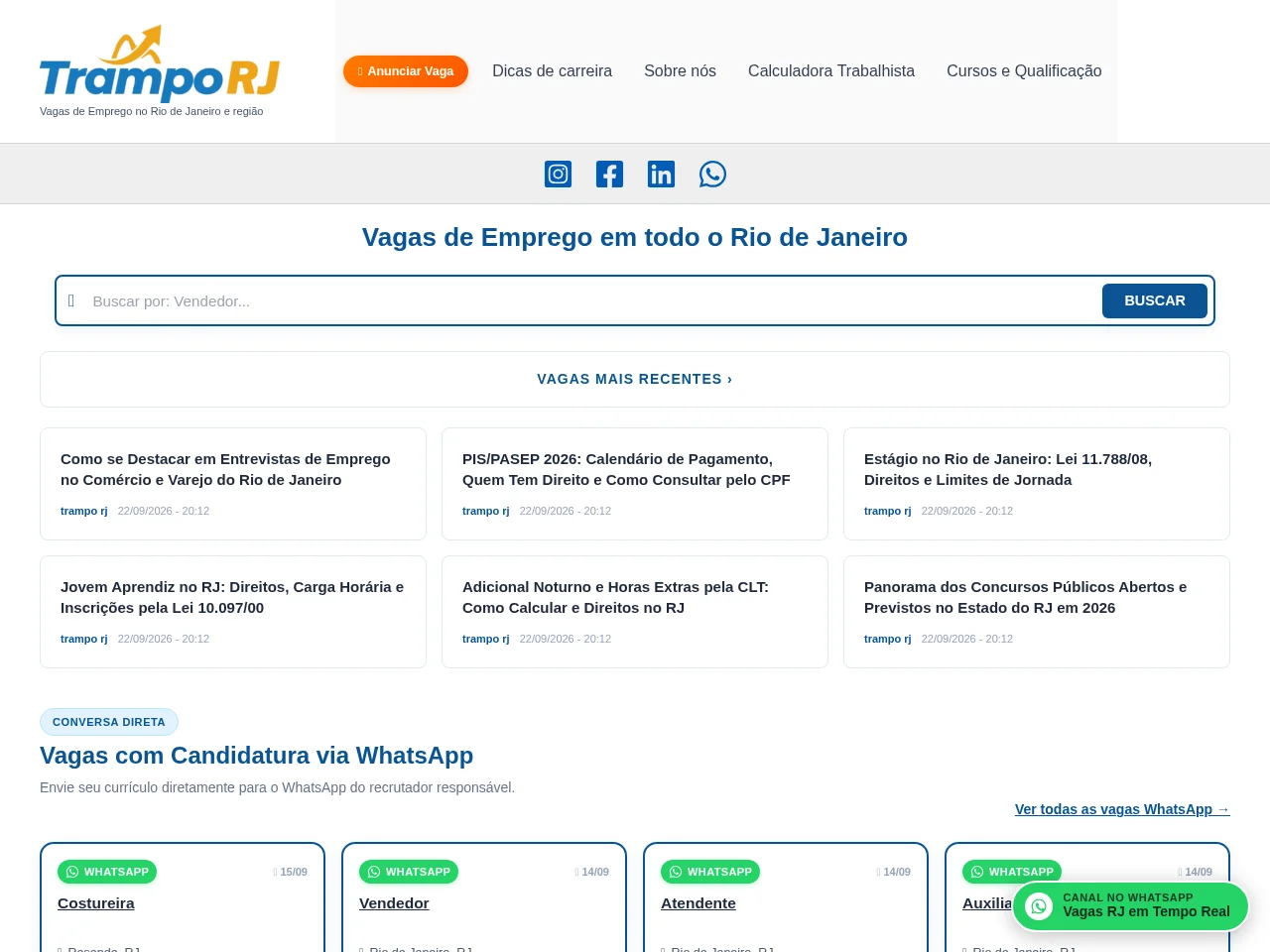 TrampoRJ job board platform screenshot showing job search interface