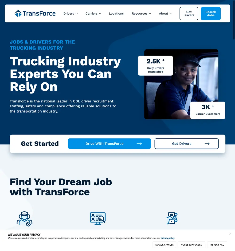 TransForce job board platform screenshot showing job search interface