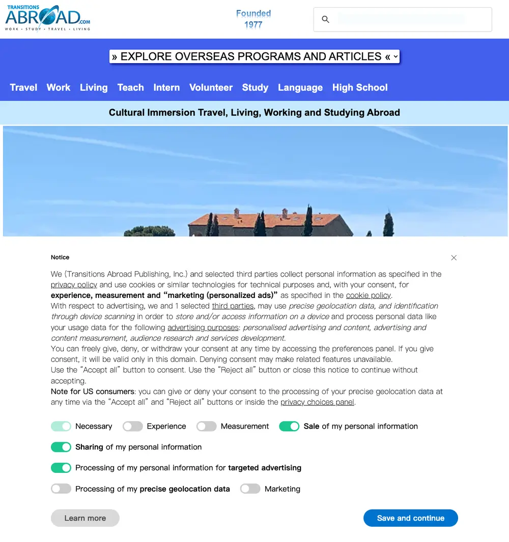 TransitionsAbroad.com job board platform screenshot showing job search interface