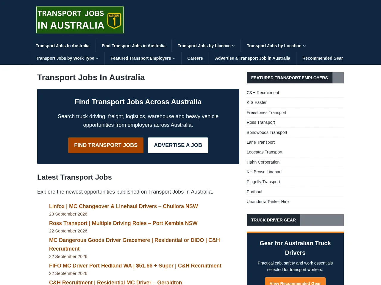 Transport Jobs In Australia job board platform screenshot showing job search interface