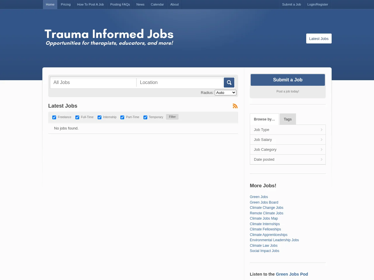 Trauma Informed Jobs job board platform screenshot showing job search interface