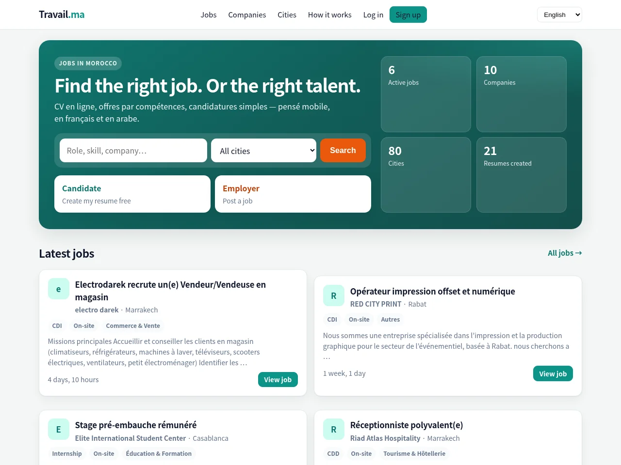 Travail.ma screenshot Travail.ma job board platform screenshot showing job search interface