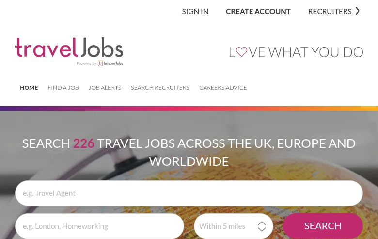 Traveljobs job board platform screenshot showing job search interface