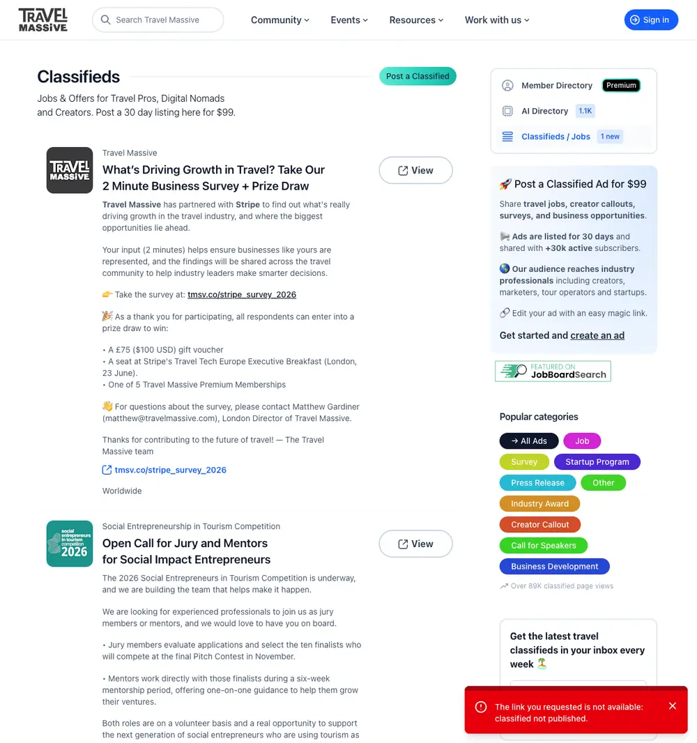 Travel Massive Classifieds job board platform screenshot showing job search interface