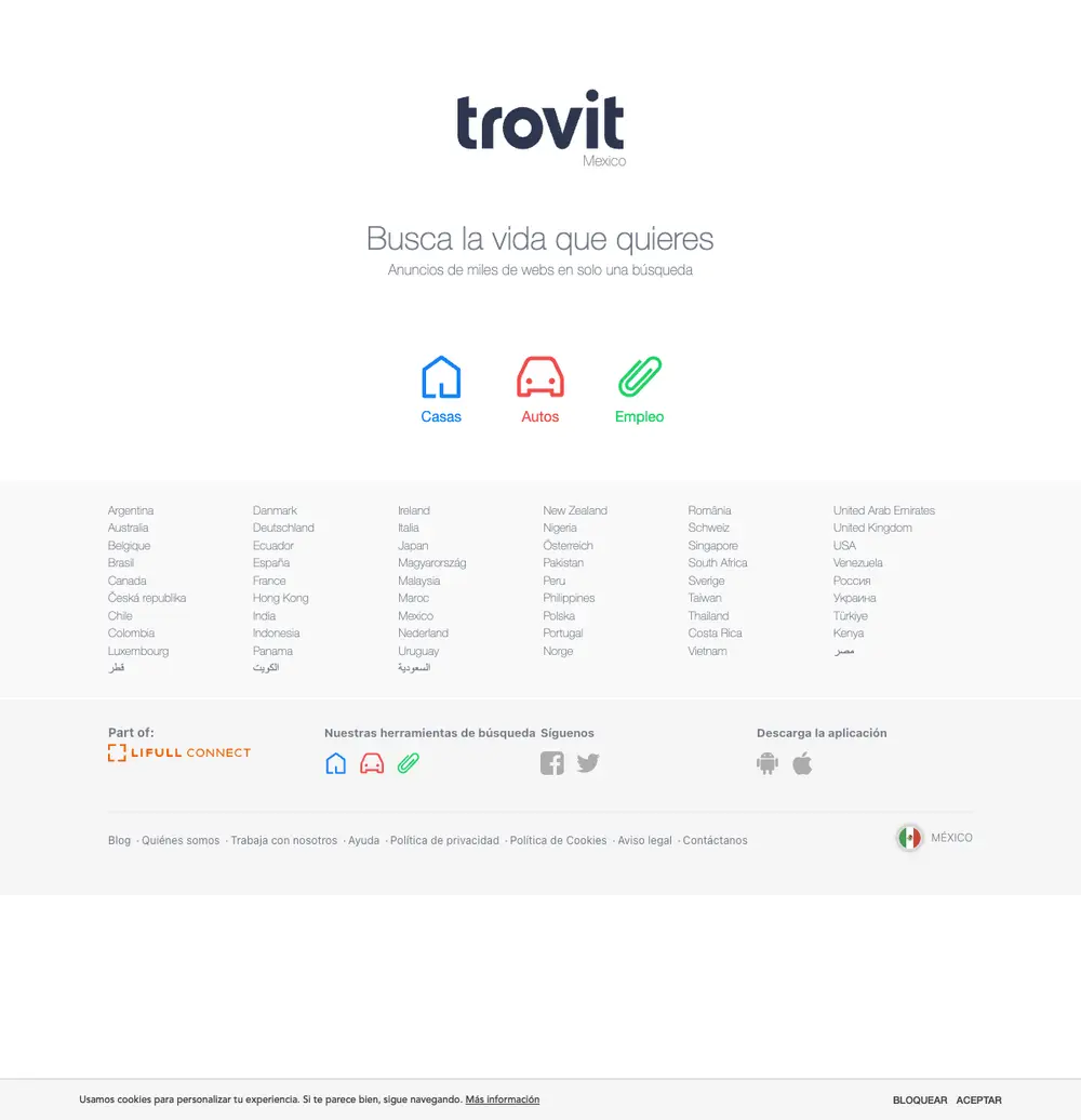Trovit México job board platform screenshot showing job search interface