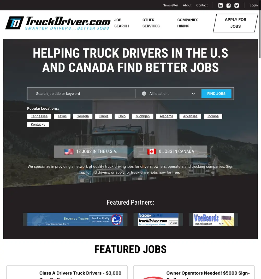 TruckDriver.com job board platform screenshot showing job search interface
