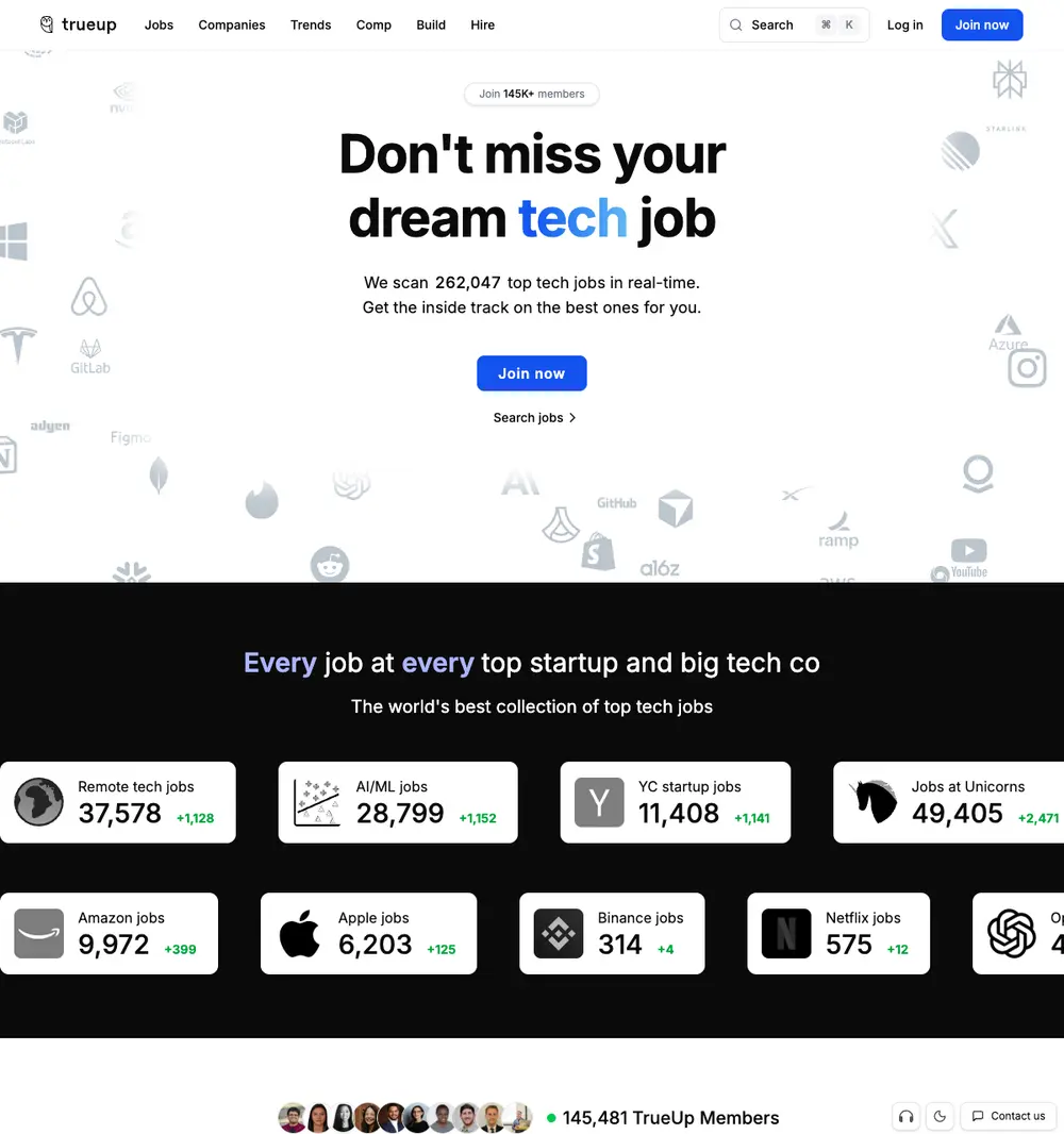 TrueUp job board platform screenshot showing job search interface