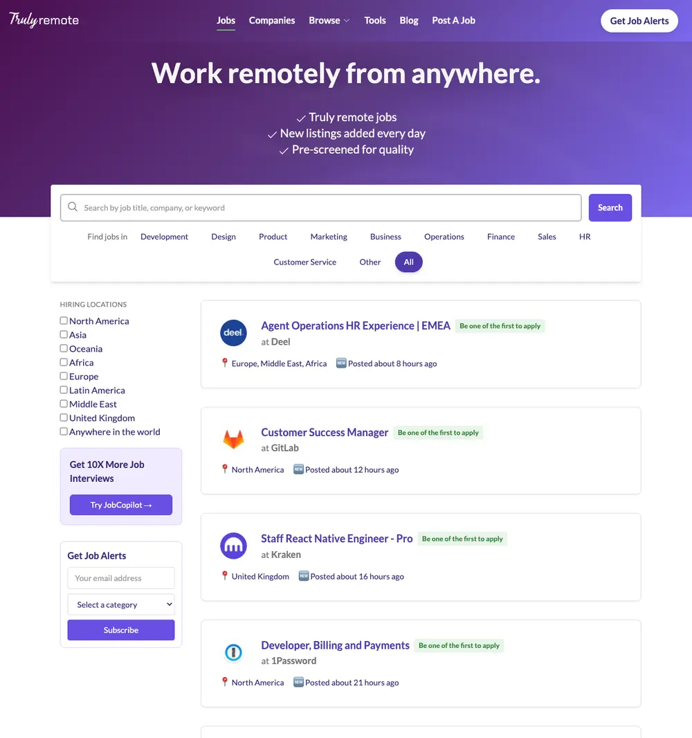 Truly Remote job board platform screenshot showing job search interface