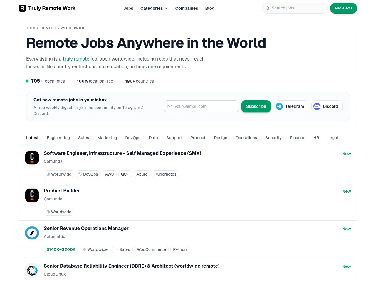 Truly Remote Jobs job board platform screenshot showing job search interface