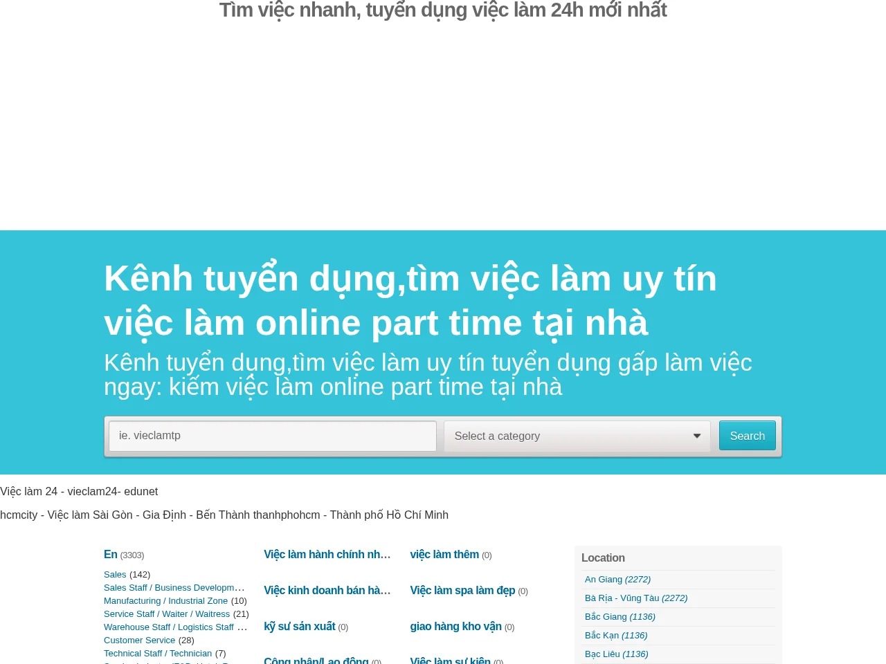 Trung Tam Ho Tro Sinh Vien job board platform screenshot showing job search interface