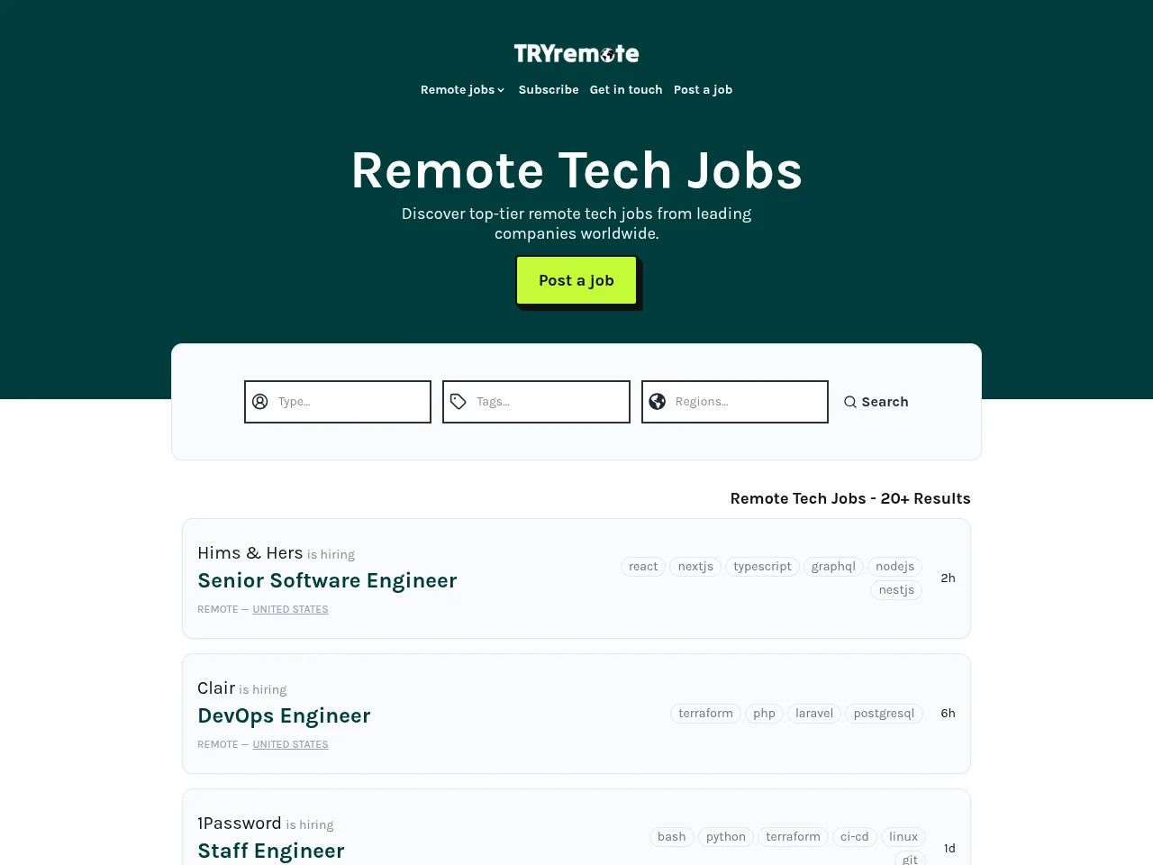 TryRemote job board platform screenshot showing job search interface