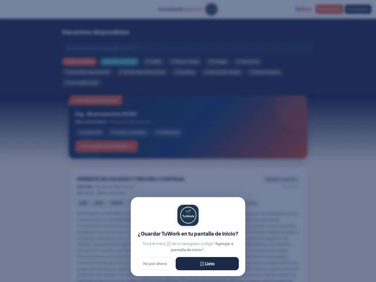 TuWork job board platform screenshot showing job search interface