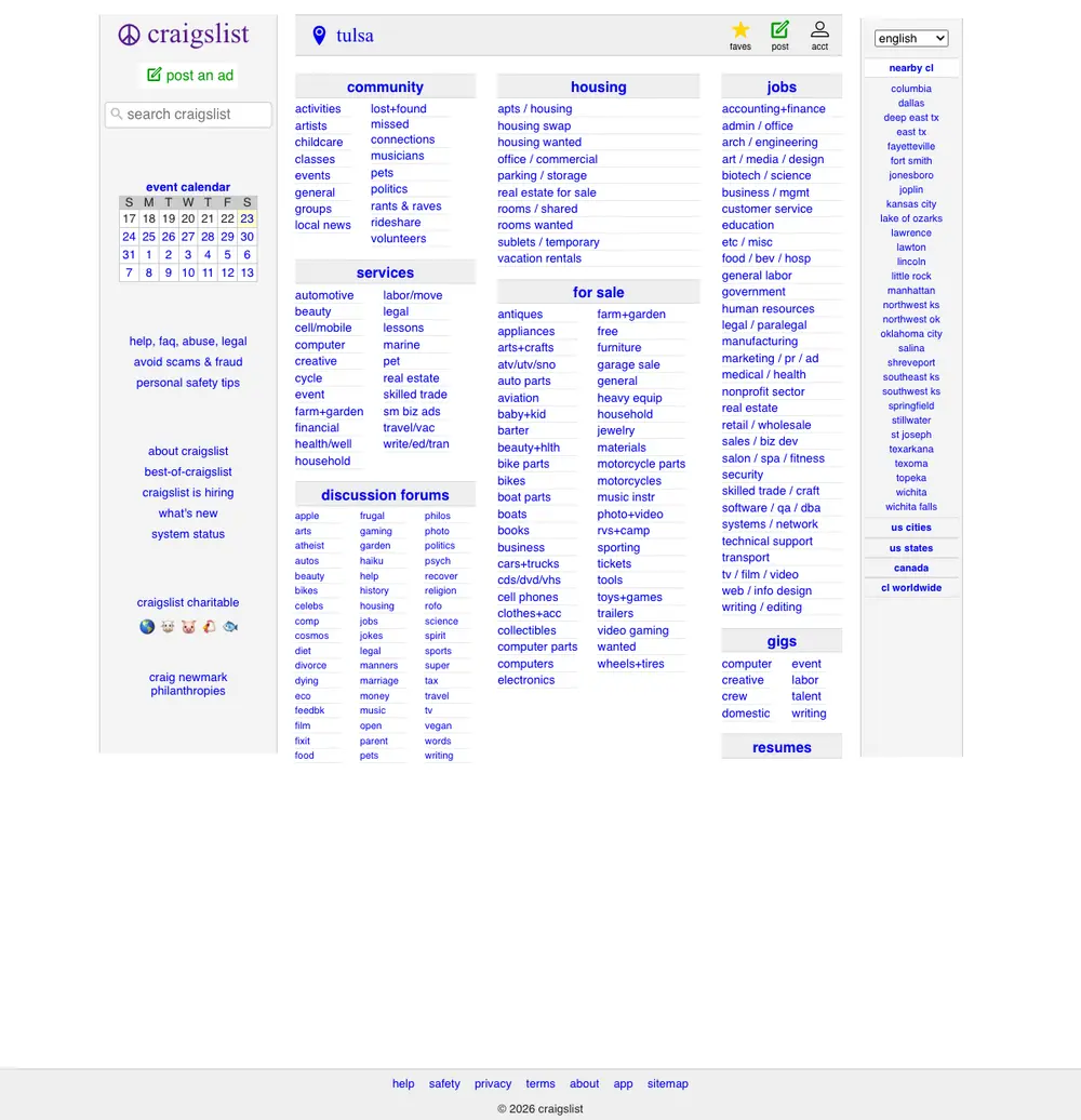 craigslist job board platform screenshot showing job search interface