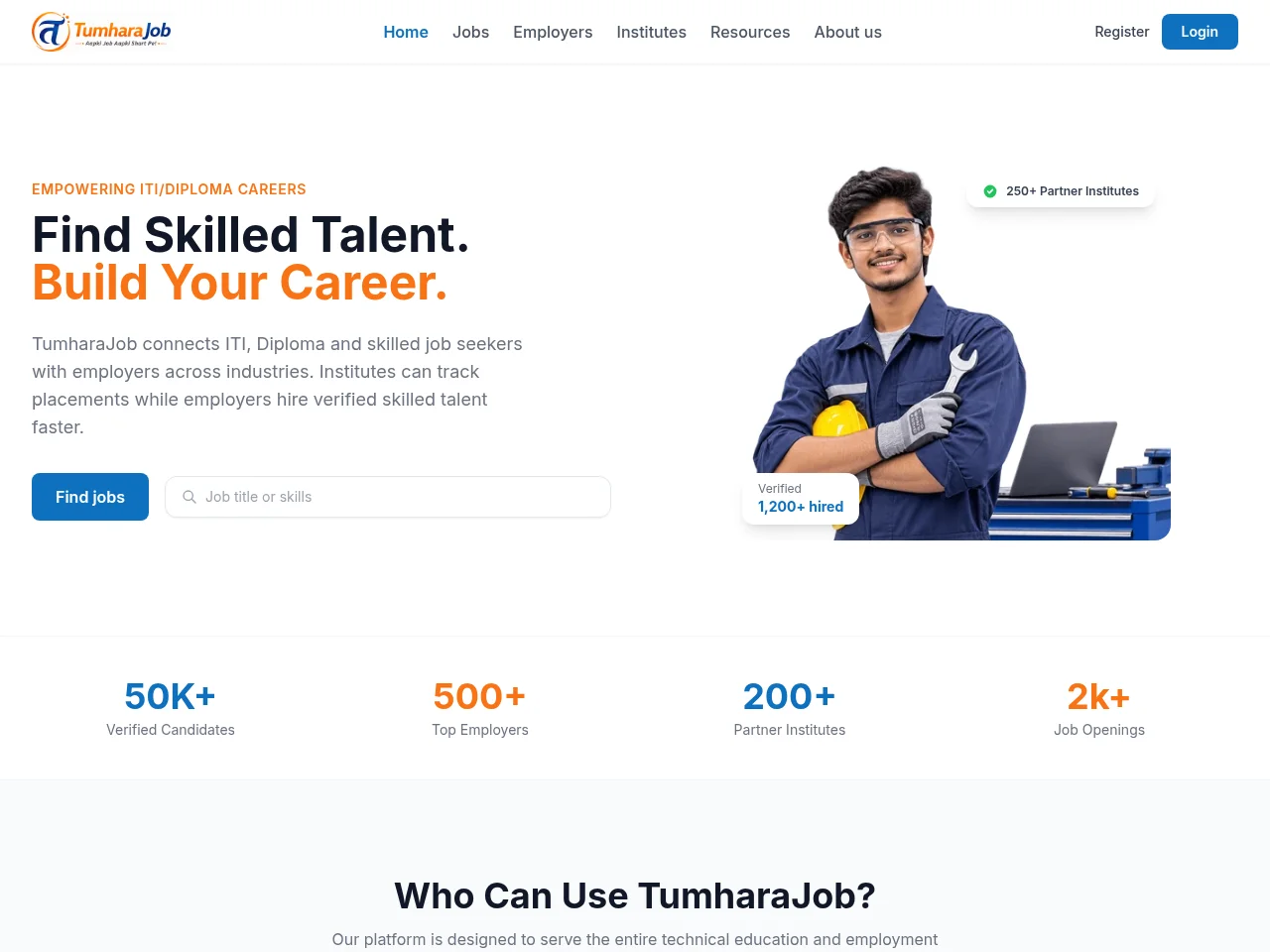 TumharaJob job board platform screenshot showing job search interface