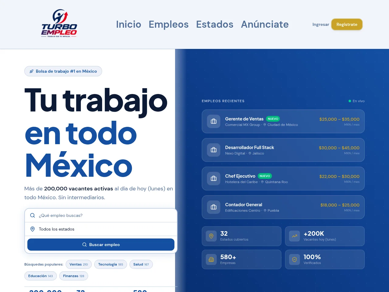 Turbo Empleo job board platform screenshot showing job search interface
