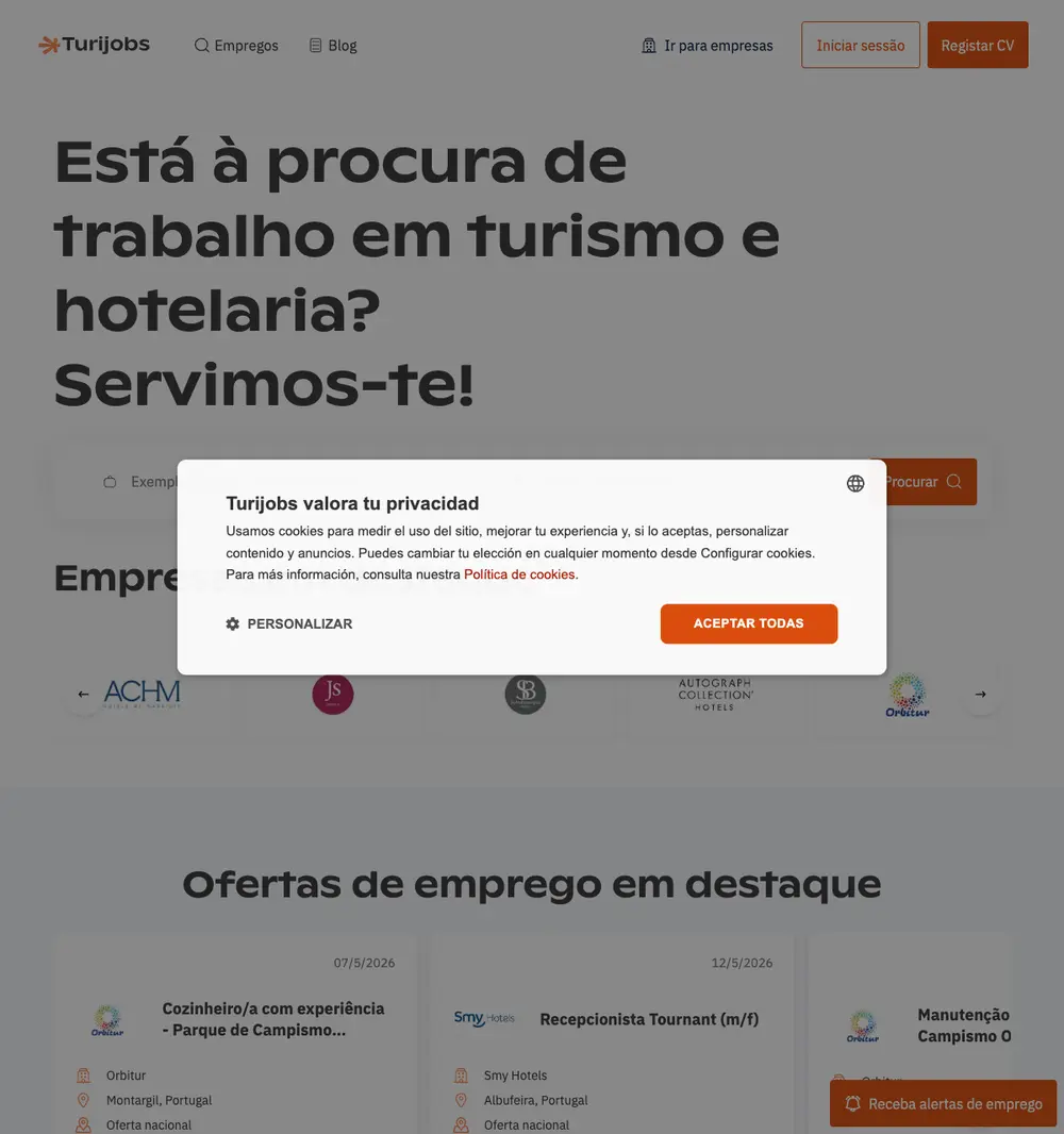 Turijobs job board platform screenshot showing job search interface