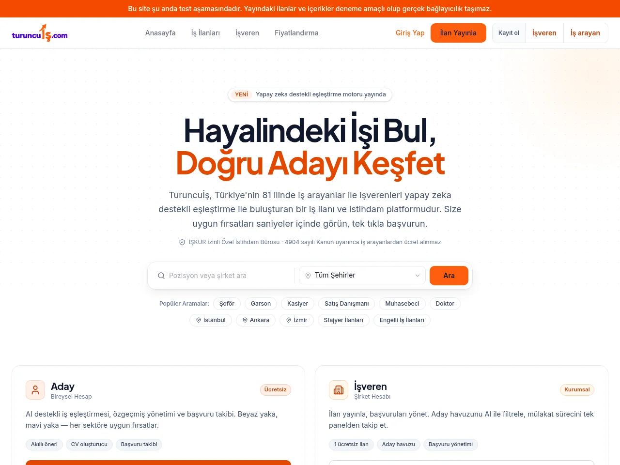 Turuncuİş job board platform screenshot showing job search interface